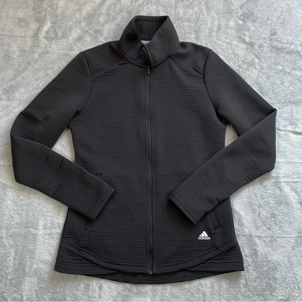 Adidas Golf Jacket Small Womens Textured Ribbed Full Zip Athletic Black‎